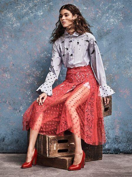 lace skirt outfit, red lace skirt