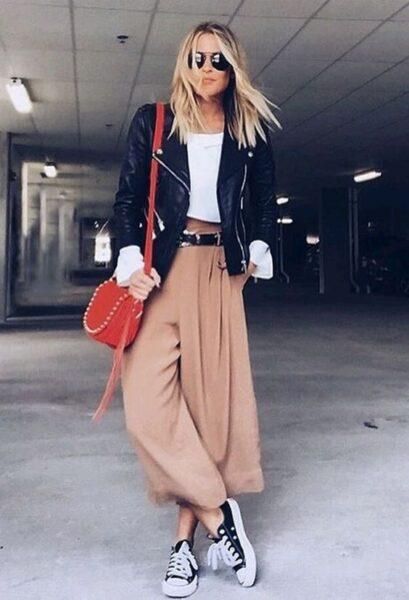 culottes with leather jacket