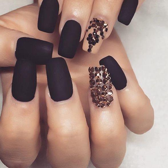black matte nails with rhinestones