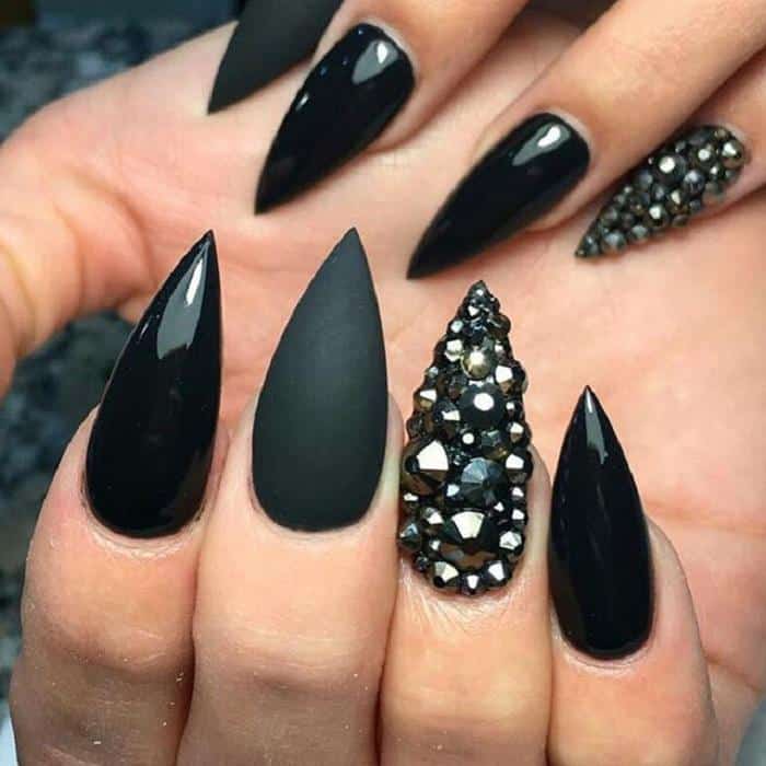 Black nails with rhinestones