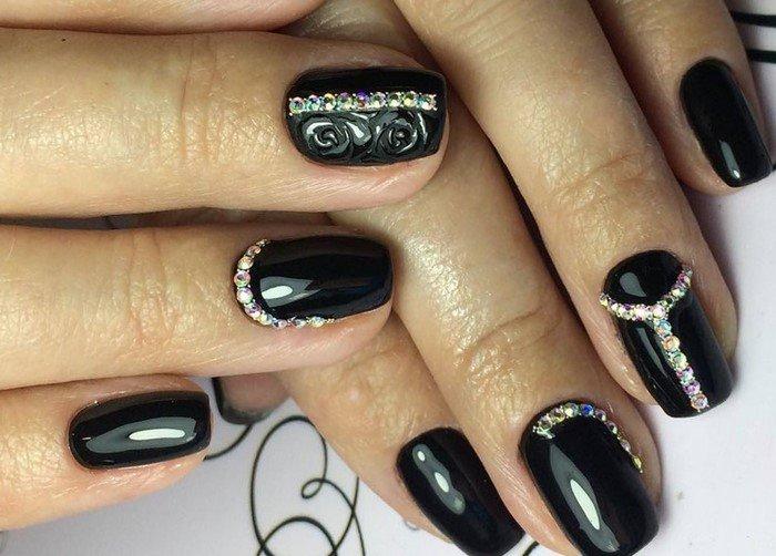 Black nails with rhinestones