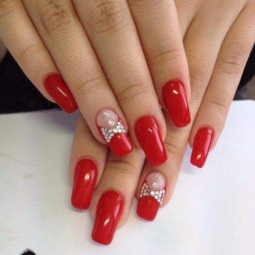 Red nail with rhinestones