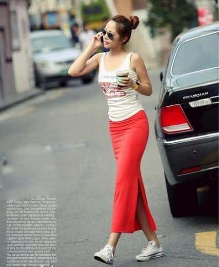 long skirt with sneakers