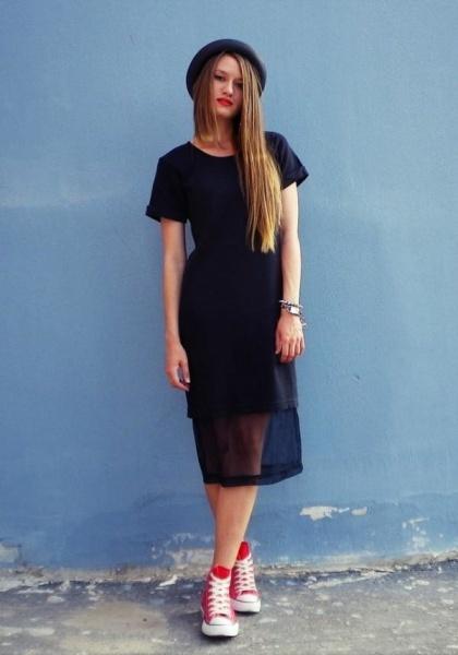 black dress with red sneakers
