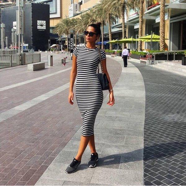 striped dress with sneakers